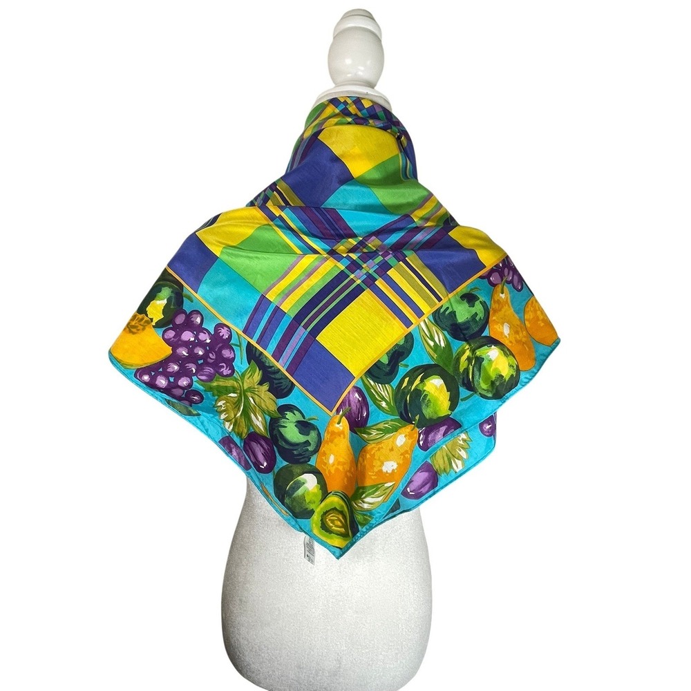 Echo Vintage Silk Blend Square Scarf Plaid Fruit Border Multicolor Made in Japan - Picture 5 of 13